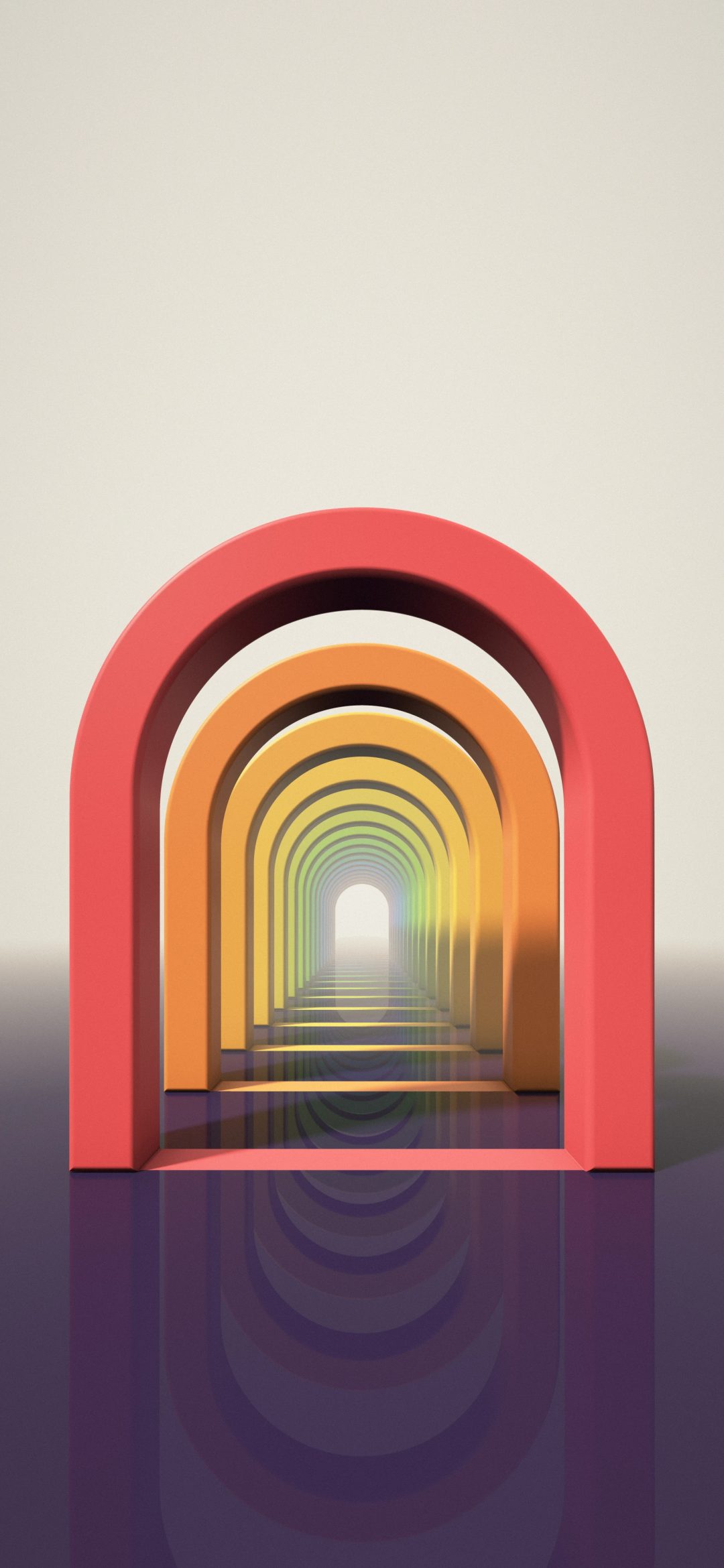 Spectrum Archway Hall: red, orange, yellow, green, blue and purple arches stand one after another down a glossy floor towards a warm glow, iPhone wallpaper