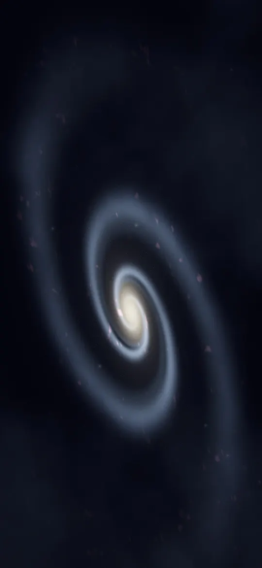 Spiral Arm Galaxy: a spiral galaxy with a warm golden core and blue star-filled arms floats in deep space, dark dust lanes winding through it, iPhone wallpaper