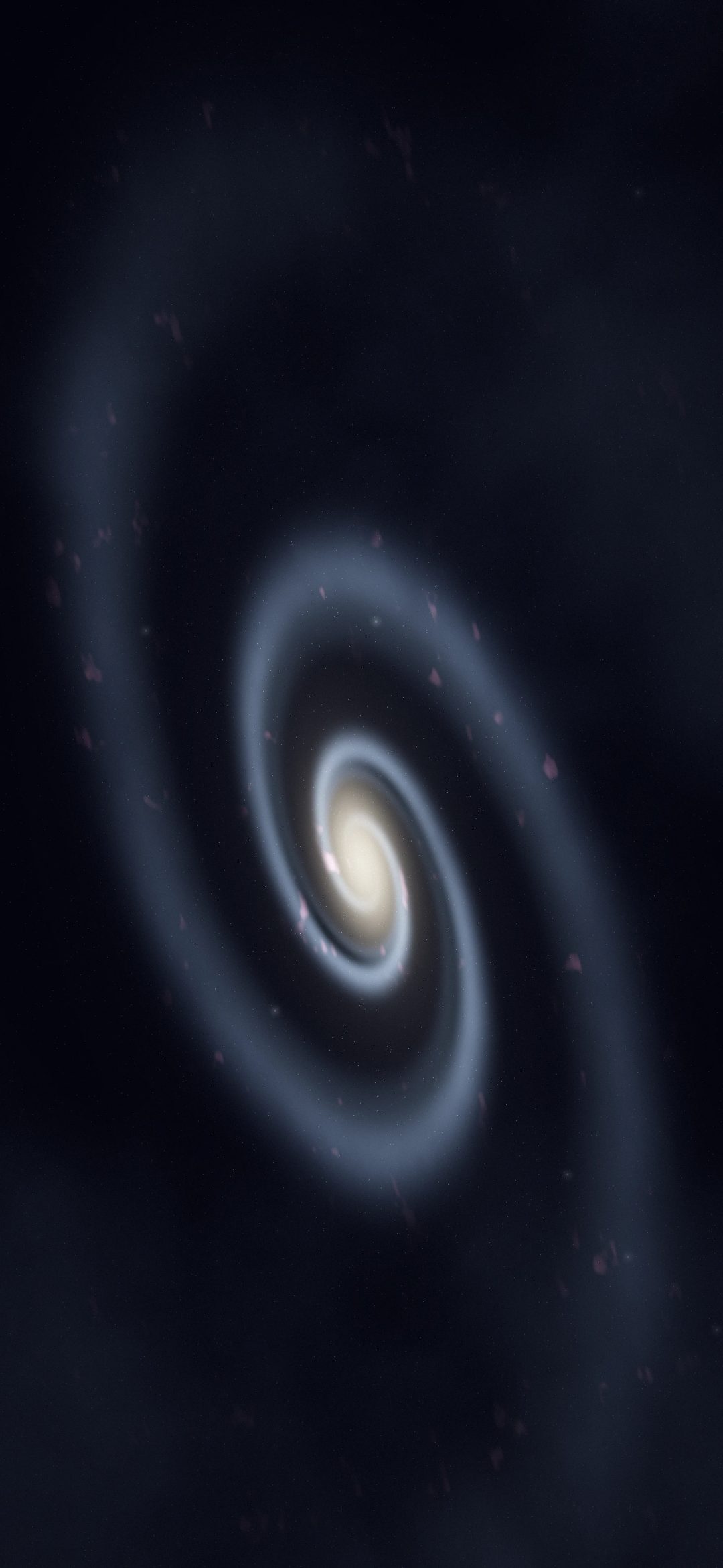 Spiral Arm Galaxy: a spiral galaxy with a warm golden core and blue star-filled arms floats in deep space, dark dust lanes winding through it, iPhone wallpaper