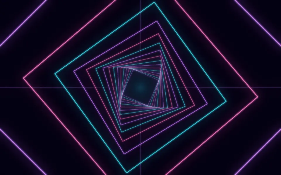 Spiral Square Tunnel: square neon frames in violet, pink and cyan rotate as they recede, drawing a spiralling tunnel deep into the darkness, Mac wallpaper