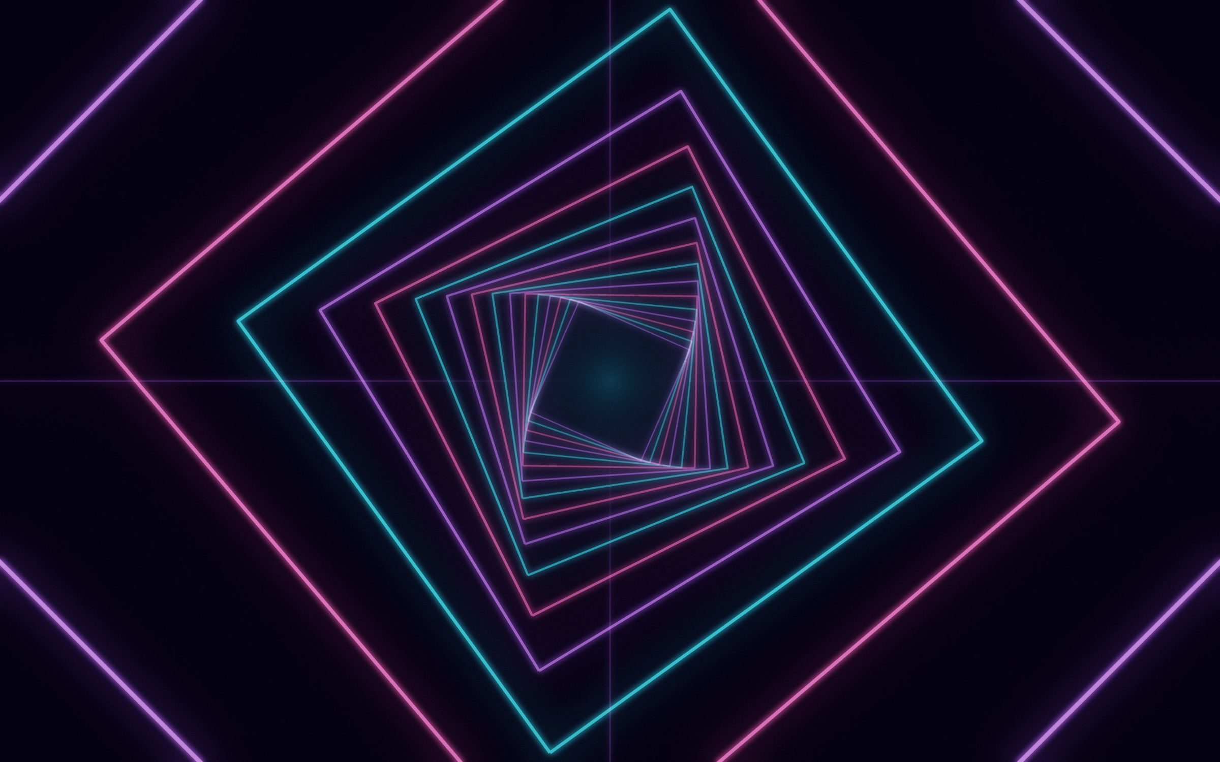 Spiral Square Tunnel: square neon frames in violet, pink and cyan rotate as they recede, drawing a spiralling tunnel deep into the darkness, Mac wallpaper