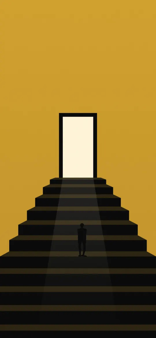 Stairway to the Open Door: a small figure climbs wide stairs towards a glowing open doorway on mustard yellow, iPhone wallpaper