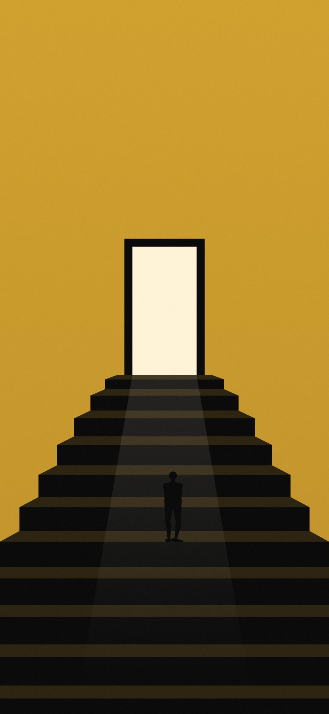Stairway to the Open Door: a small figure climbs wide stairs towards a glowing open doorway on mustard yellow, iPhone wallpaper