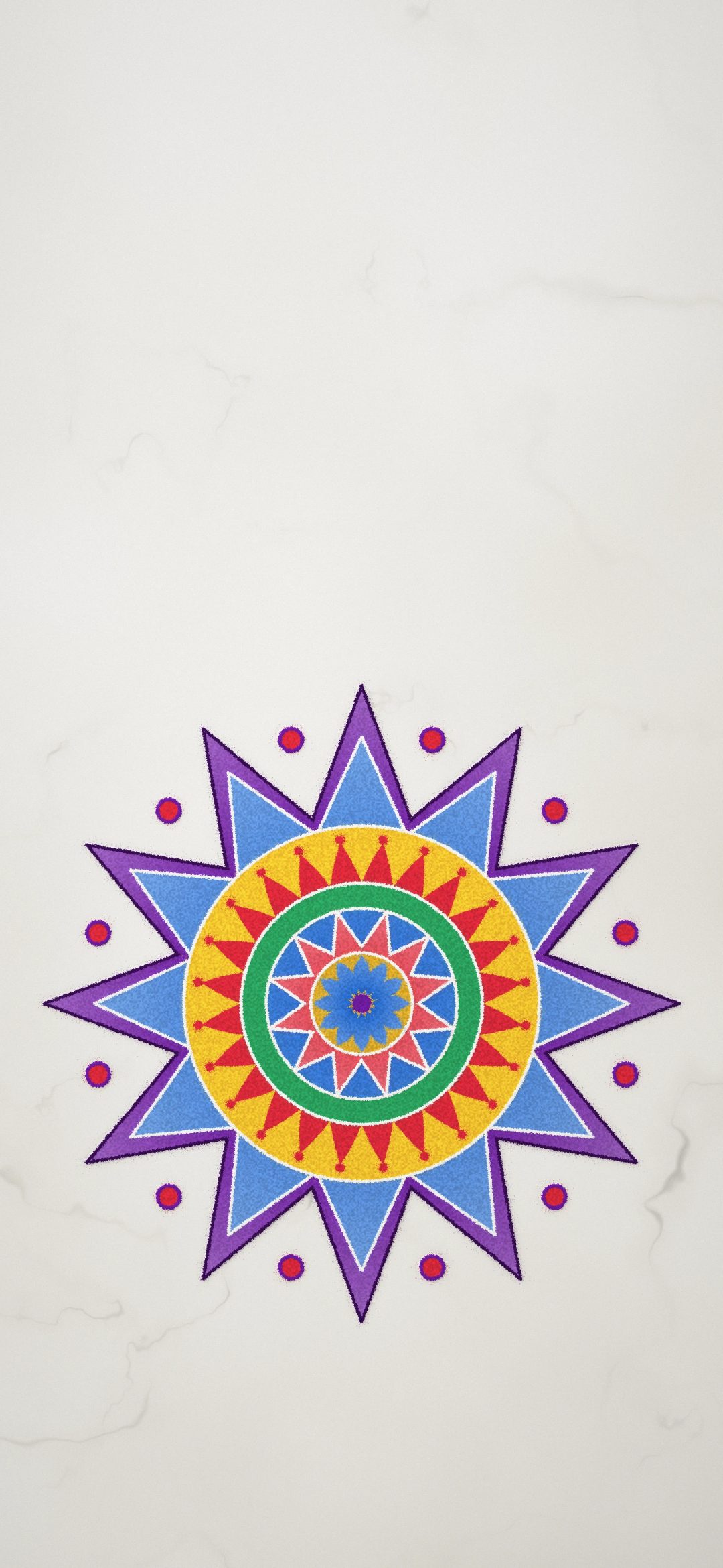 Star Rangoli on Marble: a small twelve-point star rangoli in purple, blue, yellow, green and red sits on white marble with lots of empty floor, iPhone wallpaper