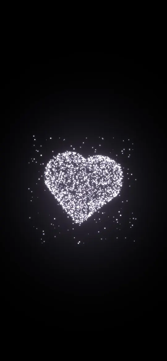 Stardust Violet Heart: a heart made of tiny glowing lilac-white dust particles floats in a faint violet haze on black, iPhone wallpaper