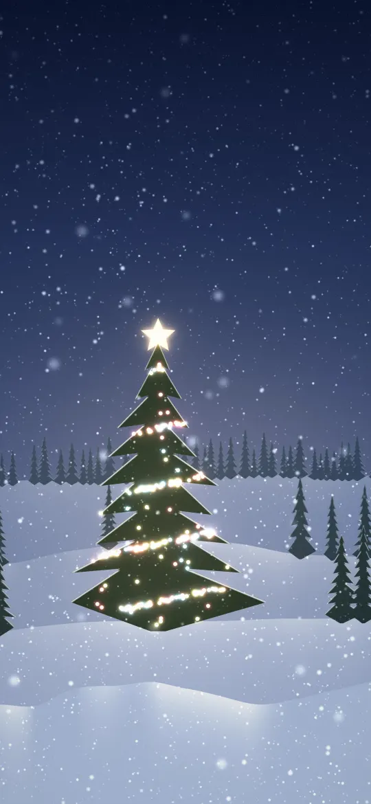 Starlit Christmas Tree: a tall snowy fir wrapped in gold, red and blue string lights and topped with a glowing star stands on snow hills under a starry night sky, iPhone wallpaper