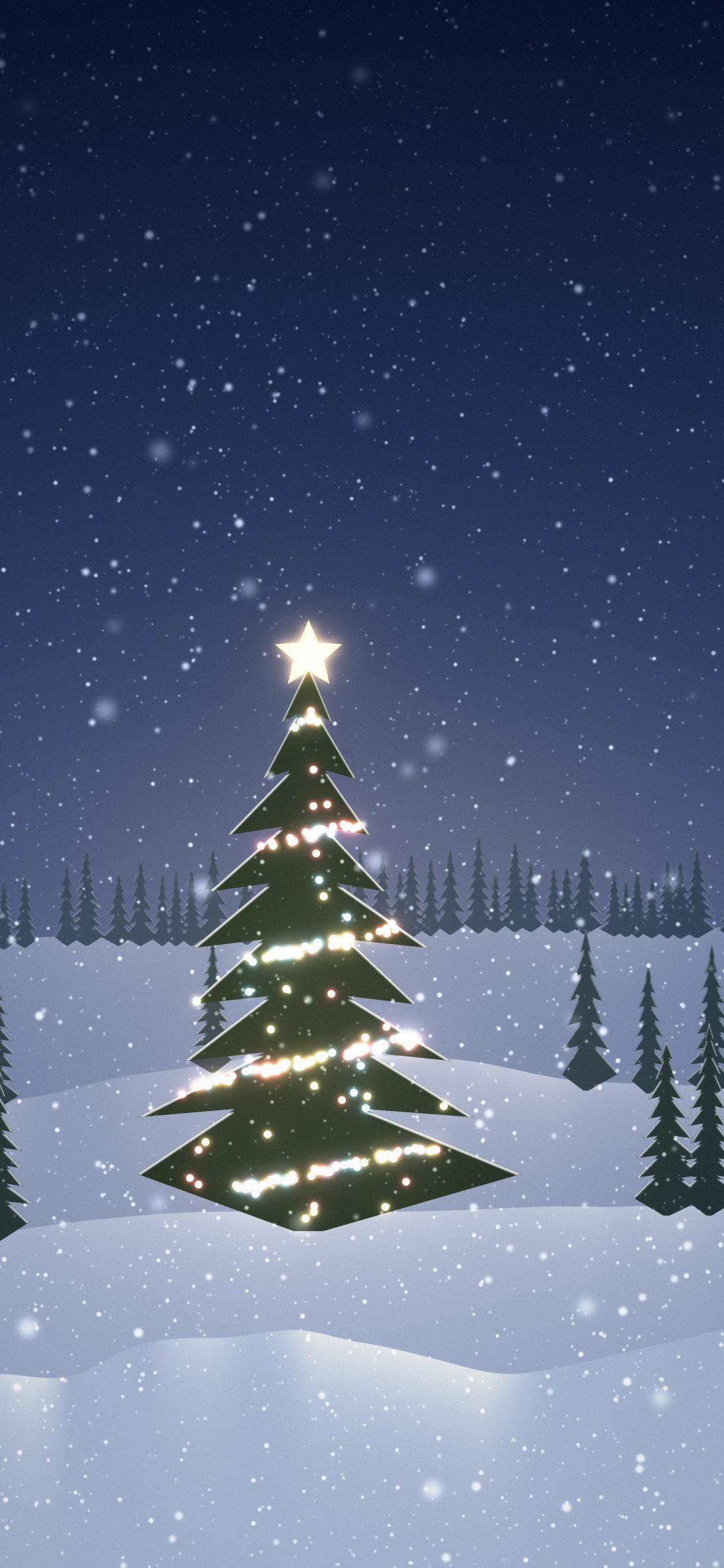 Starlit Christmas Tree: a tall snowy fir wrapped in gold, red and blue string lights and topped with a glowing star stands on snow hills under a starry night sky, iPhone wallpaper
