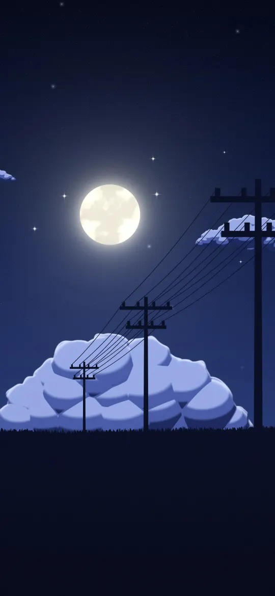 Starry Meadow Moonrise: a bright moon rises over a dark meadow on a clear night, twinkling stars and moonlit clouds above a row of distant power poles, iPhone wallpaper