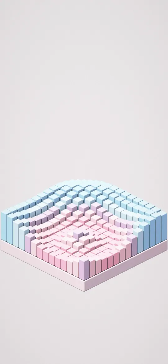 Sugar Cube Swell: pastel cubes in pink, blush, lilac and baby blue rise and fall like a wave on a floating base, with soft pink space above, iPhone wallpaper
