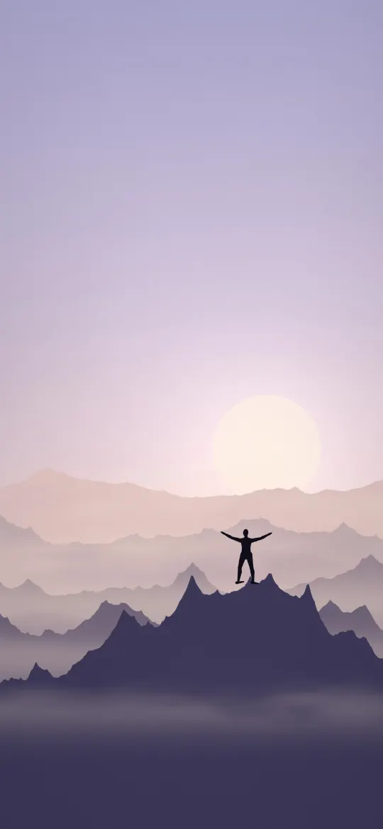 Summit Arms Wide Open: a figure stands with arms wide open on a summit above layers of misty pastel mountain ridges, iPhone wallpaper
