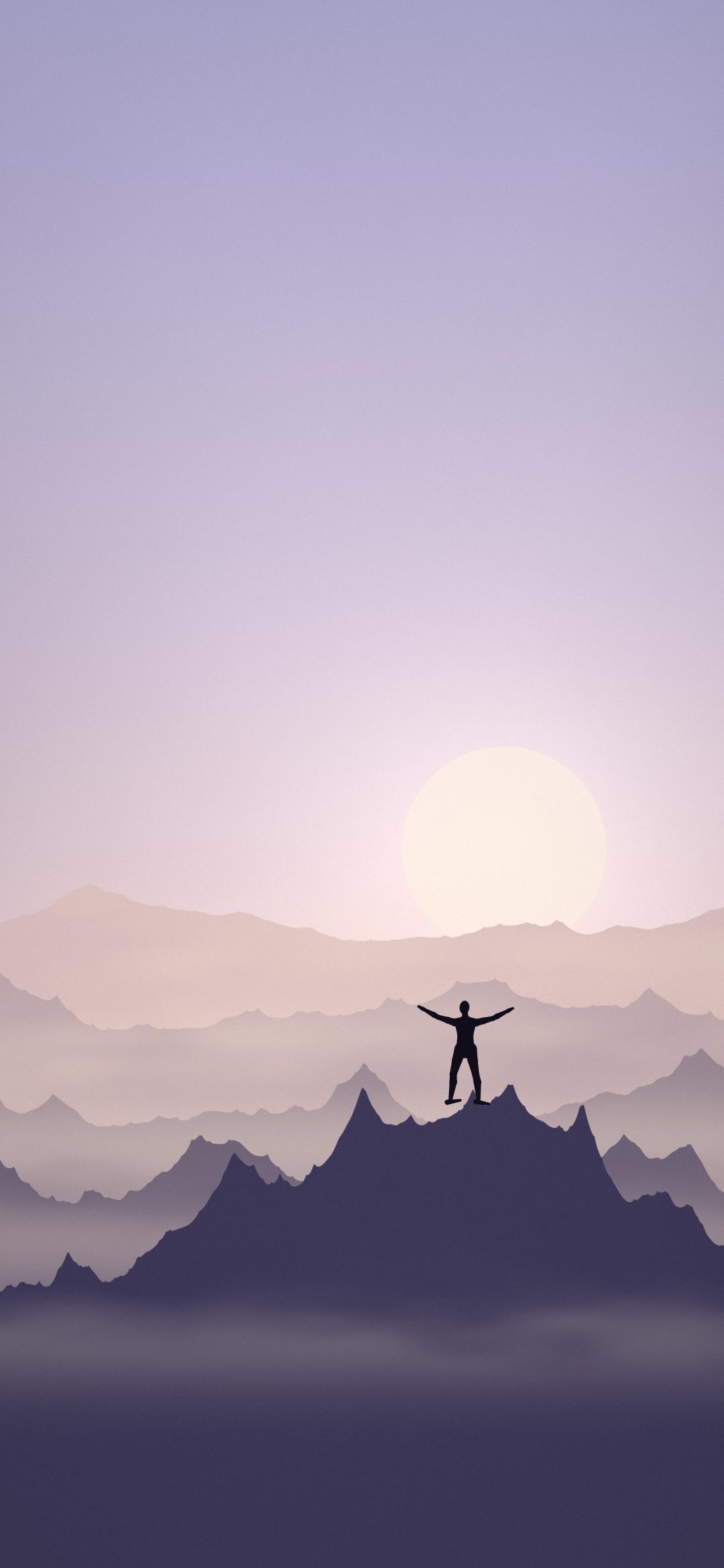 Summit Arms Wide Open: a figure stands with arms wide open on a summit above layers of misty pastel mountain ridges, iPhone wallpaper