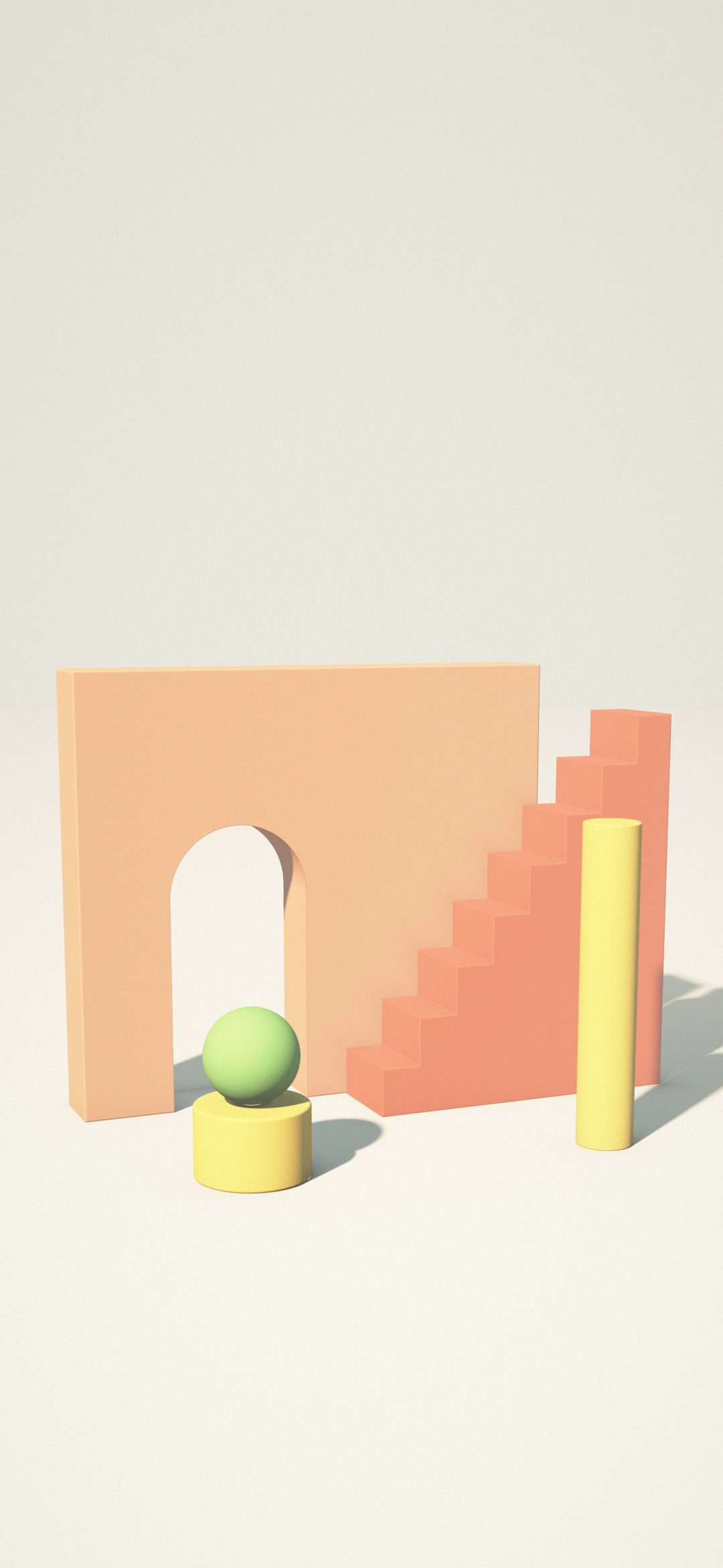 Sunlit Arch Stairs: an apricot wall with an arched doorway, a coral stairway beside it and a ball on a plinth stand in bright sun below a blue sky, iPhone wallpaper