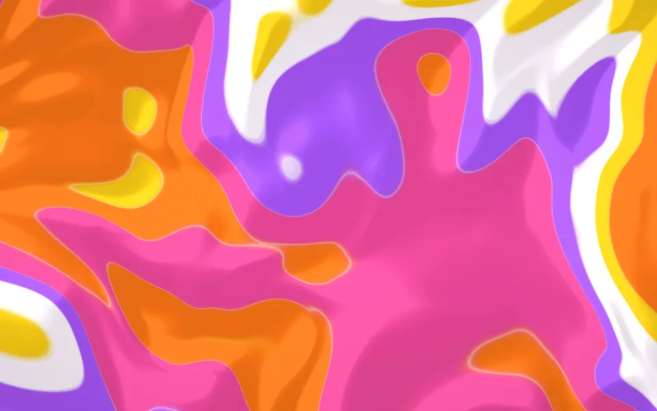 Sunset Acrylic Flow: purple, pink, orange and yellow paint flow across the screen in glossy bands, like a sunset poured onto canvas, Mac wallpaper