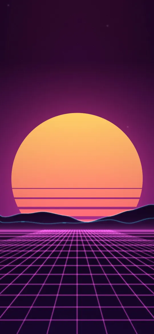 Sunset Arcade Grid: a striped orange and pink sun sinks behind neon-edged mountains over a glowing magenta grid, pure 80s arcade nostalgia, iPhone wallpaper