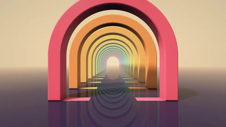 Sunset Arch Corridor: arches shading from pink and orange to mint and violet line up into a glowing distance above a dark mirror-like floor, PC wallpaper