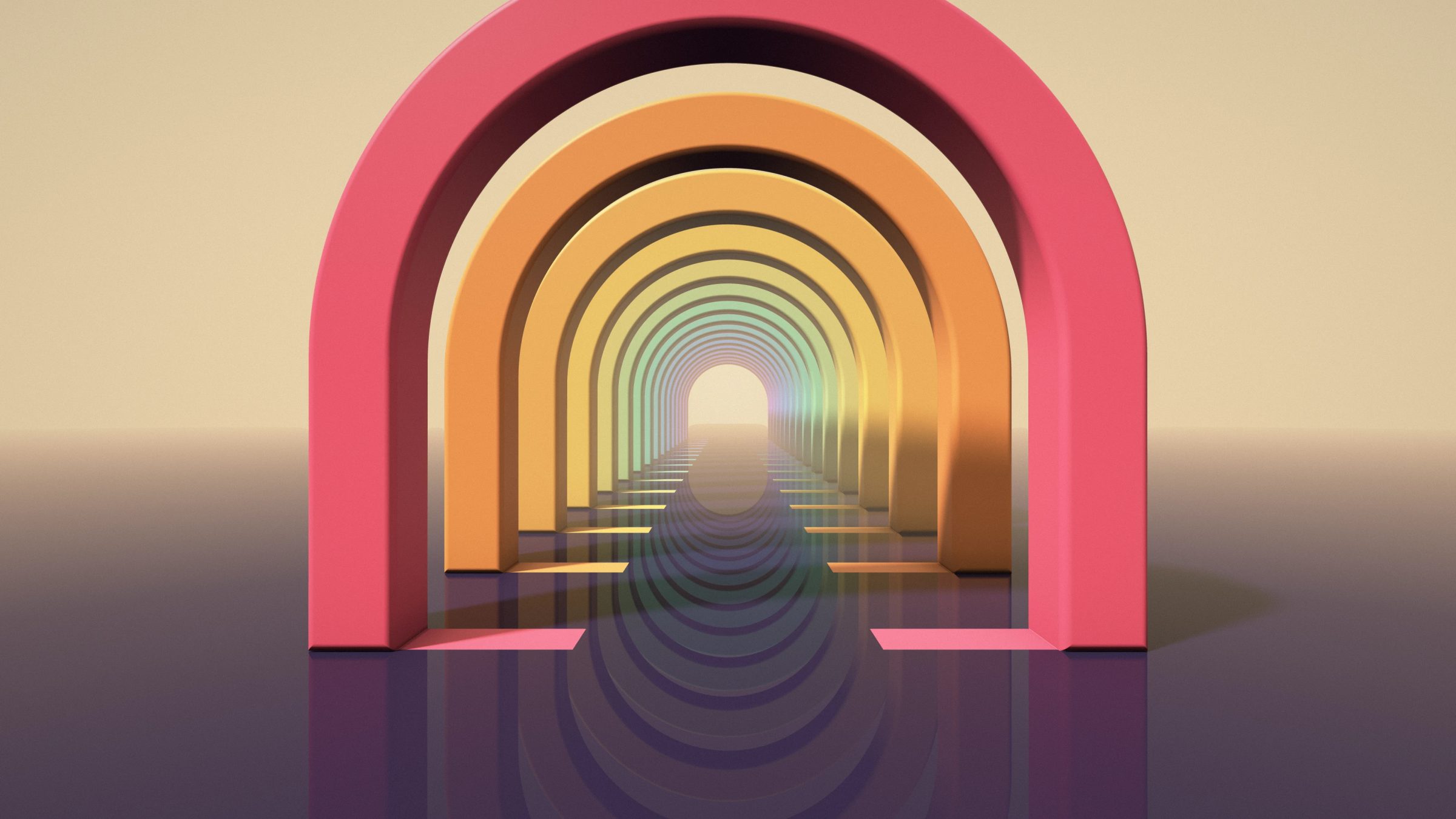 Sunset Arch Corridor: arches shading from pink and orange to mint and violet line up into a glowing distance above a dark mirror-like floor, PC wallpaper