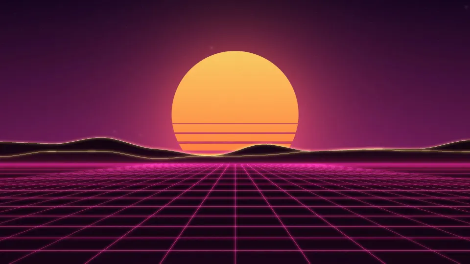 Sunset Boulevard Grid: an orange striped sun sets over a hot pink neon grid and golden ridges in a warm 80s retro scene, PC wallpaper
