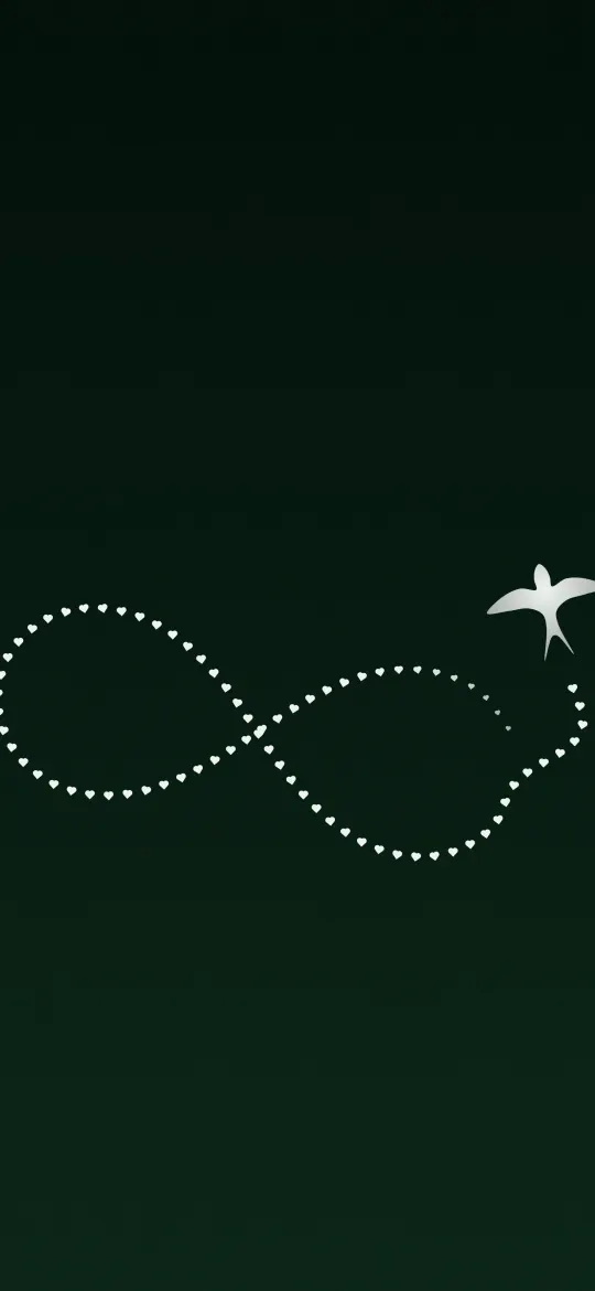 Swallow Infinity Hearts: a white swallow trails a line of tiny hearts in an infinity loop across deep forest green, iPhone wallpaper