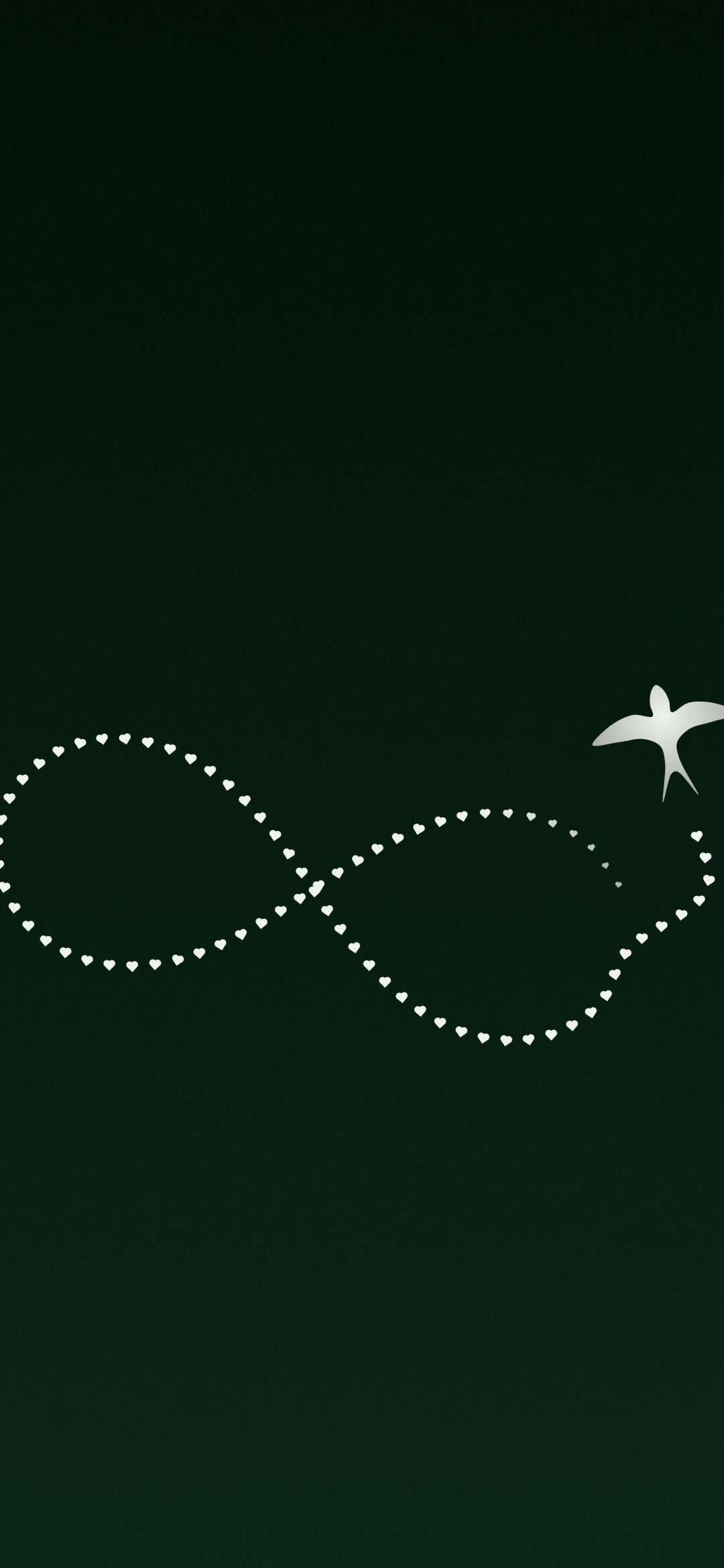 Swallow Infinity Hearts: a white swallow trails a line of tiny hearts in an infinity loop across deep forest green, iPhone wallpaper