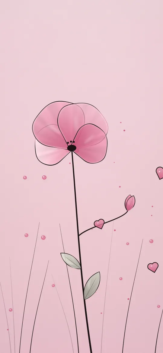 Tall Pink Poppy Line Art: a single tall pink poppy with a small bud and two leaves stands among thin grass strokes on blush pink, iPhone wallpaper
