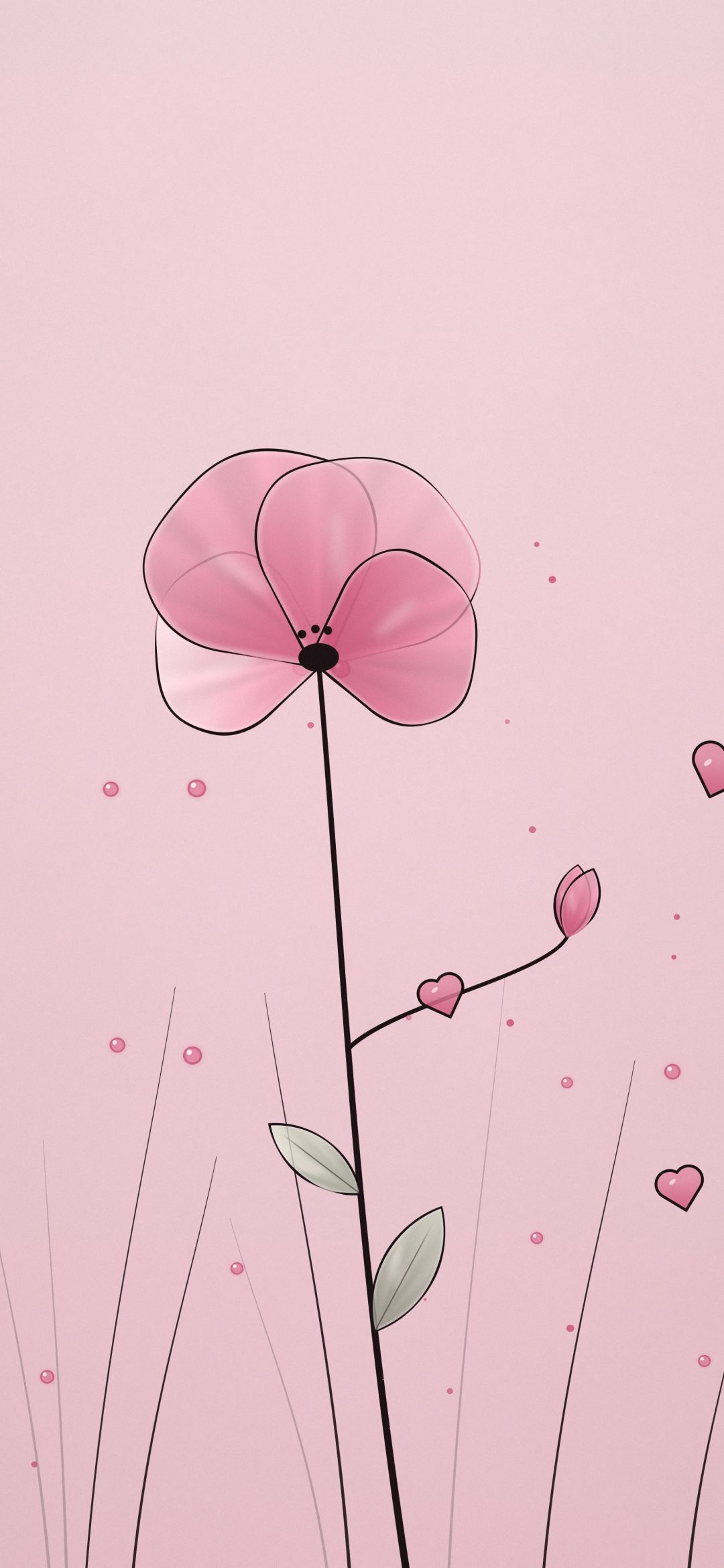 Tall Pink Poppy Line Art: a single tall pink poppy with a small bud and two leaves stands among thin grass strokes on blush pink, iPhone wallpaper