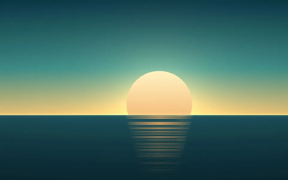 Teal Bay Sundown: a pale gold sun meets a teal bay at dusk, with a clean horizon and gentle light reflected on still water, Mac wallpaper