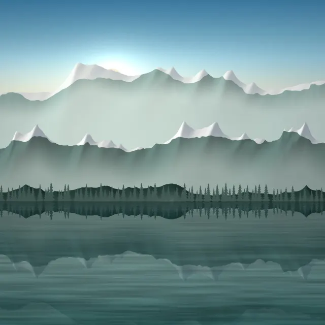 Teal Lake Daybreak: a teal mountain lake reflects the first warm light of day, its far shore lined with fir trees below softly snowcapped peaks, iPad wallpaper