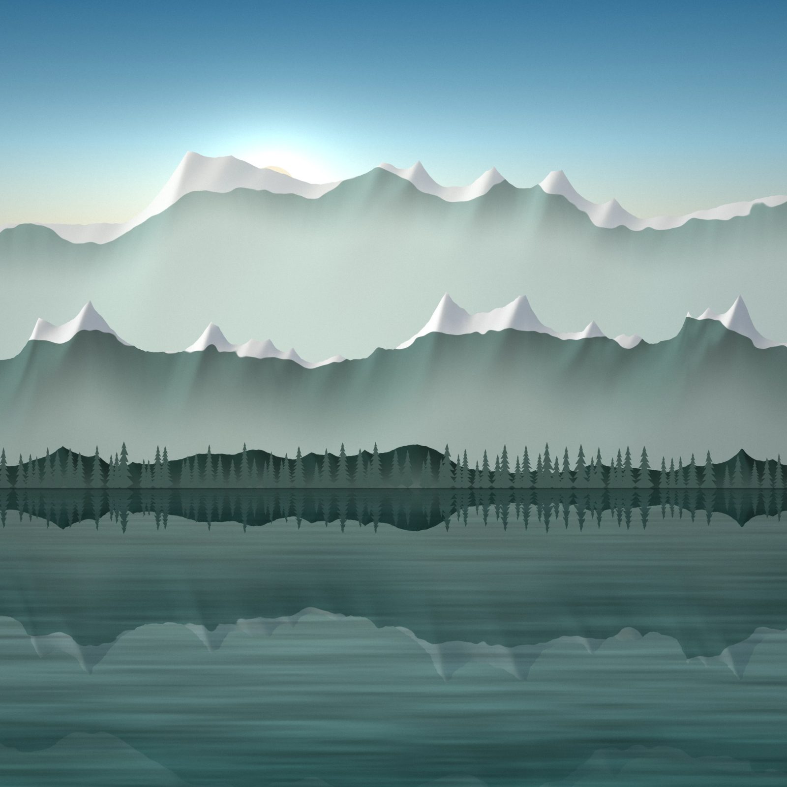 Teal Lake Daybreak: a teal mountain lake reflects the first warm light of day, its far shore lined with fir trees below softly snowcapped peaks, iPad wallpaper