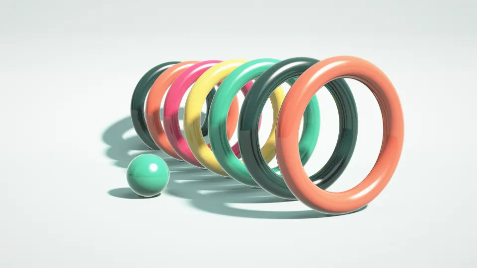 Teal Portal Hoops: seven glossy hoops in coral, deep teal, jade, yellow and pink stand in a line on a pale aqua floor, lit from the right, PC wallpaper