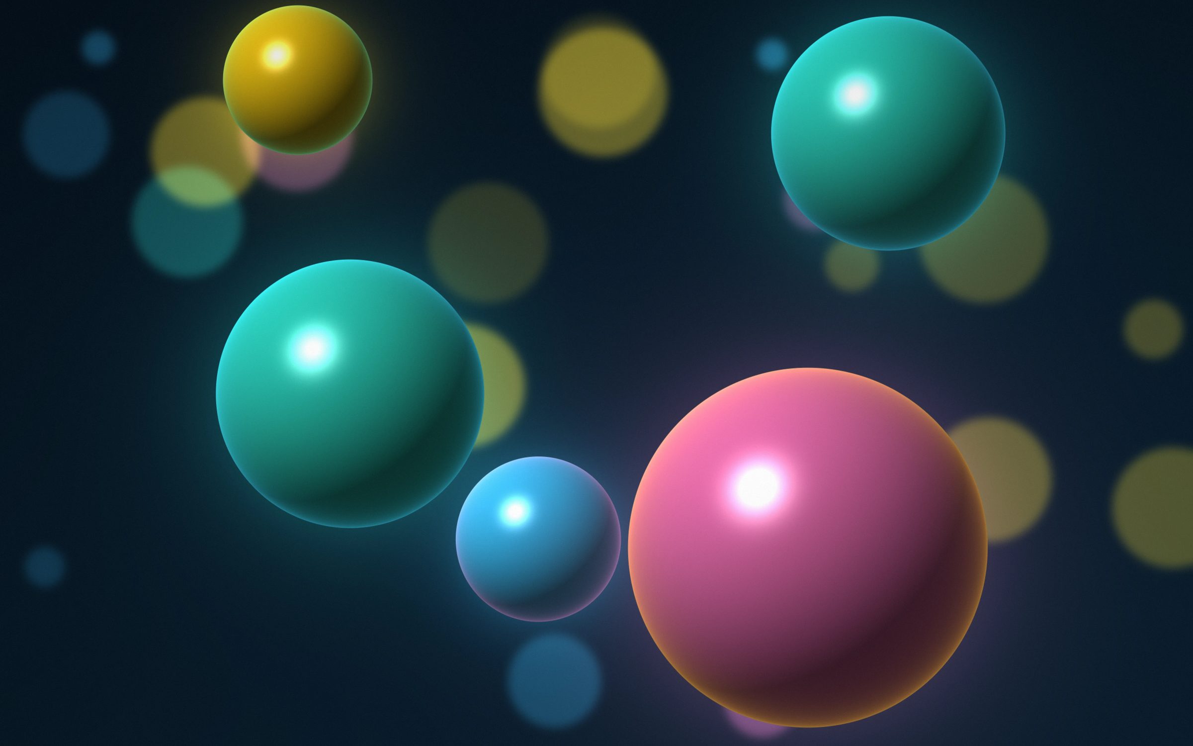 Teal Sphere Constellation: glossy teal, blue, pink and yellow spheres hover over a dark ocean-blue background scattered with soft bokeh lights, Mac wallpaper