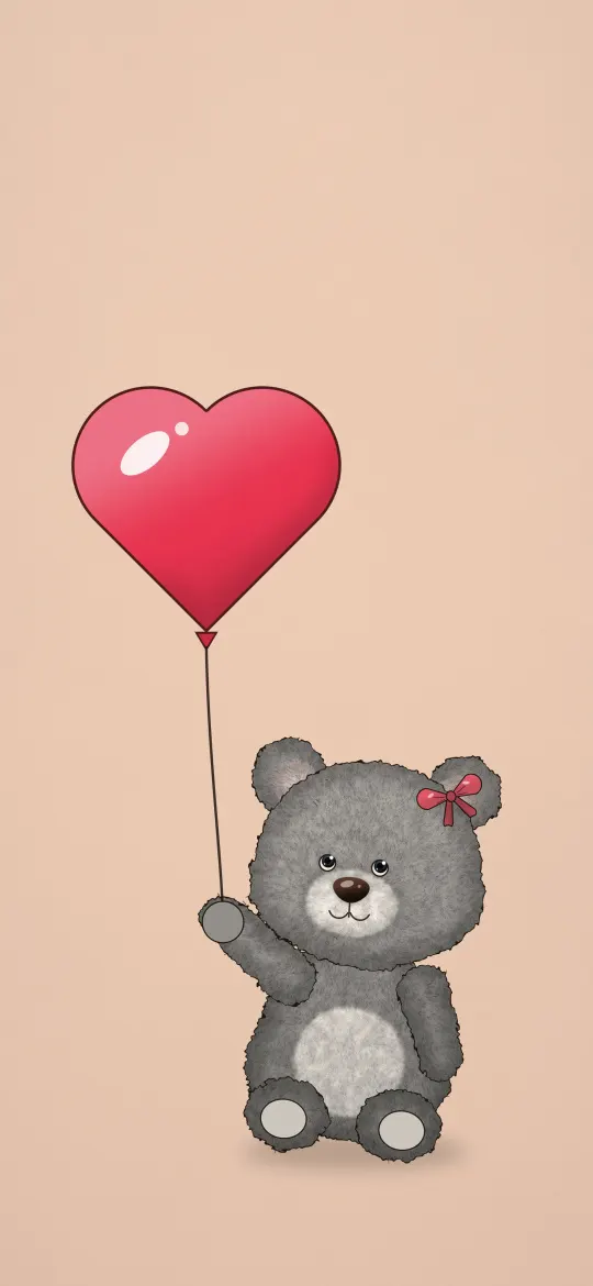 Teddy and Heart Balloon: a grey teddy bear with a red bow holds a glossy red heart balloon on warm peach, iPhone wallpaper