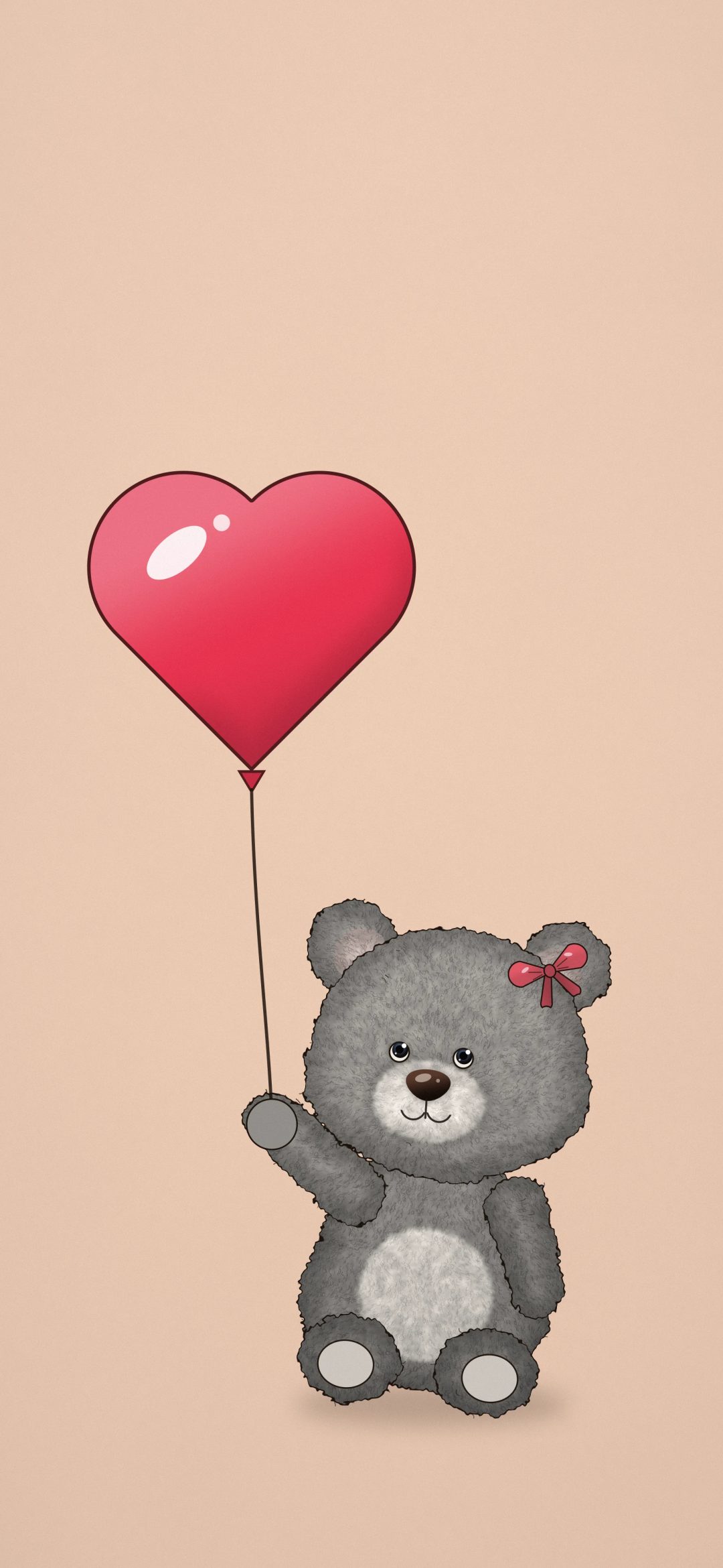 Teddy and Heart Balloon: a grey teddy bear with a red bow holds a glossy red heart balloon on warm peach, iPhone wallpaper