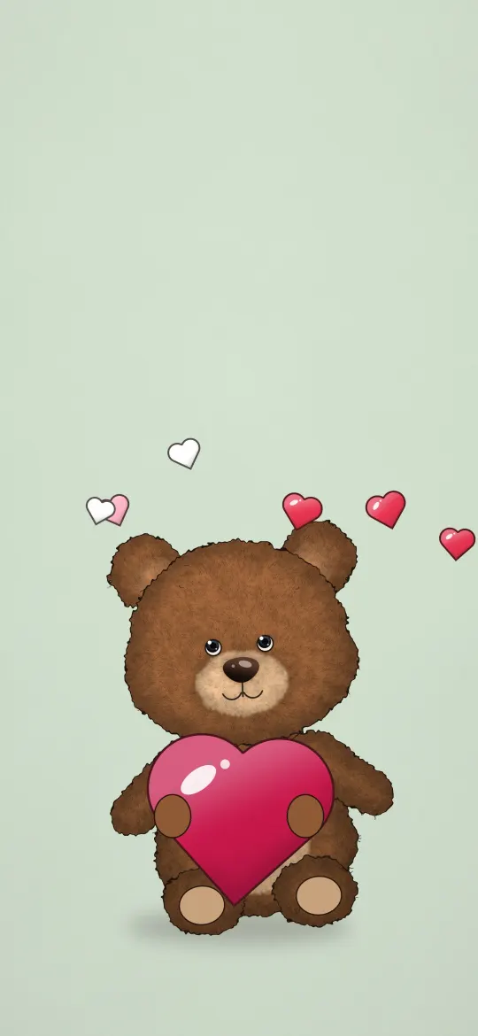 Teddy Hugging a Heart: a brown teddy bear hugs a big pink heart while little red and pink hearts float above it on pale mint, iPhone wallpaper