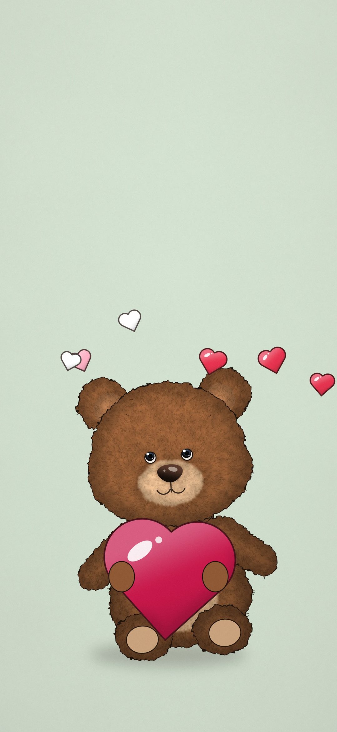 Teddy Hugging a Heart: a brown teddy bear hugs a big pink heart while little red and pink hearts float above it on pale mint, iPhone wallpaper