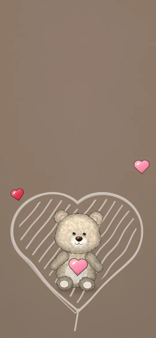 Teddy in a Sketched Heart: a tiny cream teddy bear holding a pink heart sits inside a big chalk-sketched heart on mocha brown, iPhone wallpaper