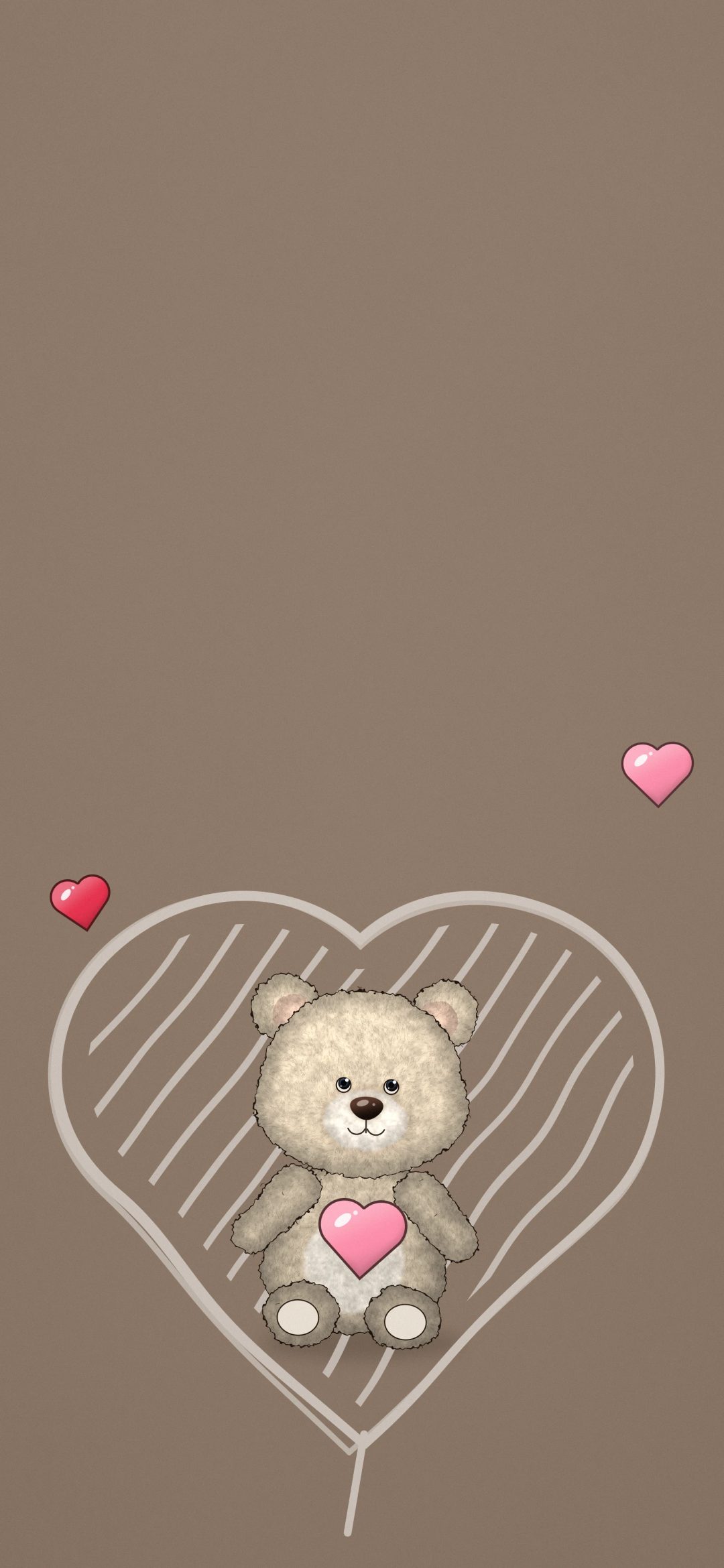 Teddy in a Sketched Heart: a tiny cream teddy bear holding a pink heart sits inside a big chalk-sketched heart on mocha brown, iPhone wallpaper