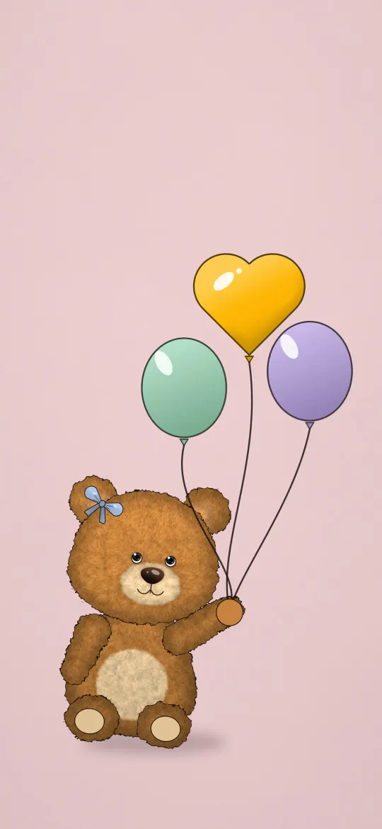 Teddy with Balloons: a honey-brown teddy bear with a little blue bow sits holding a mint, yellow heart and lilac balloon on blush pink, iPhone wallpaper