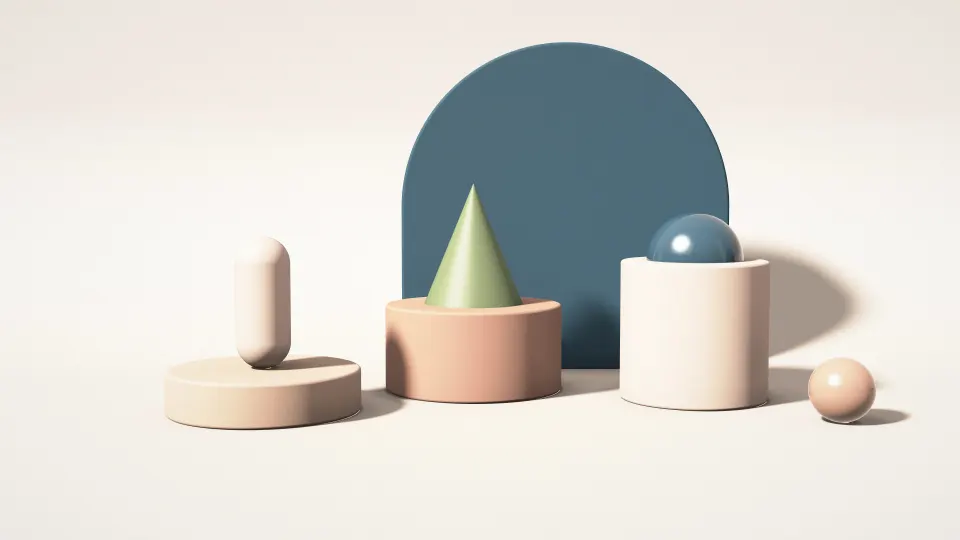 Terracotta Display Stands: clay pedestals in sand and terracotta hold a cone, a dome and a ring before a slate blue arch in a warm beige studio, PC wallpaper