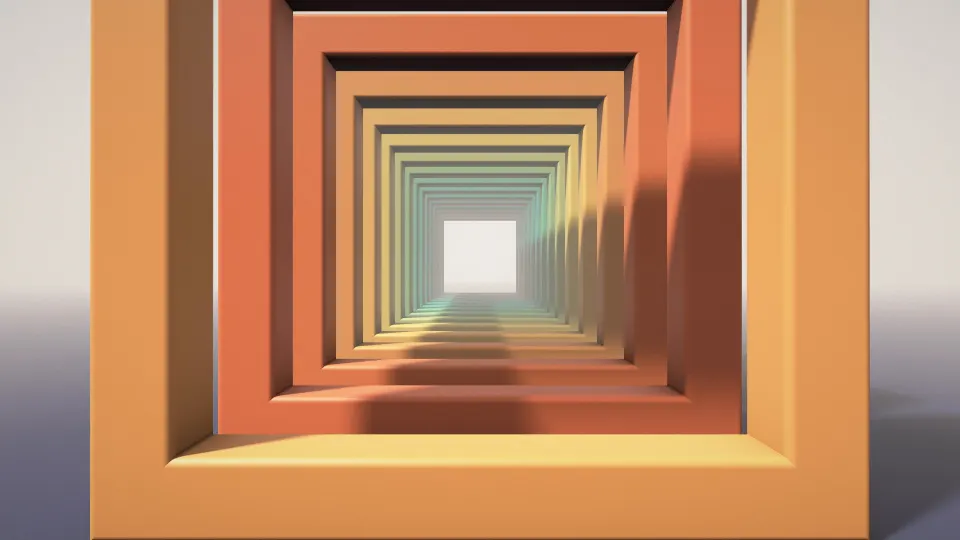 Terracotta Frame Tunnel: square frames in orange, terracotta, gold and teal repeat into a bright opening, casting stripes of shadow on the floor, PC wallpaper