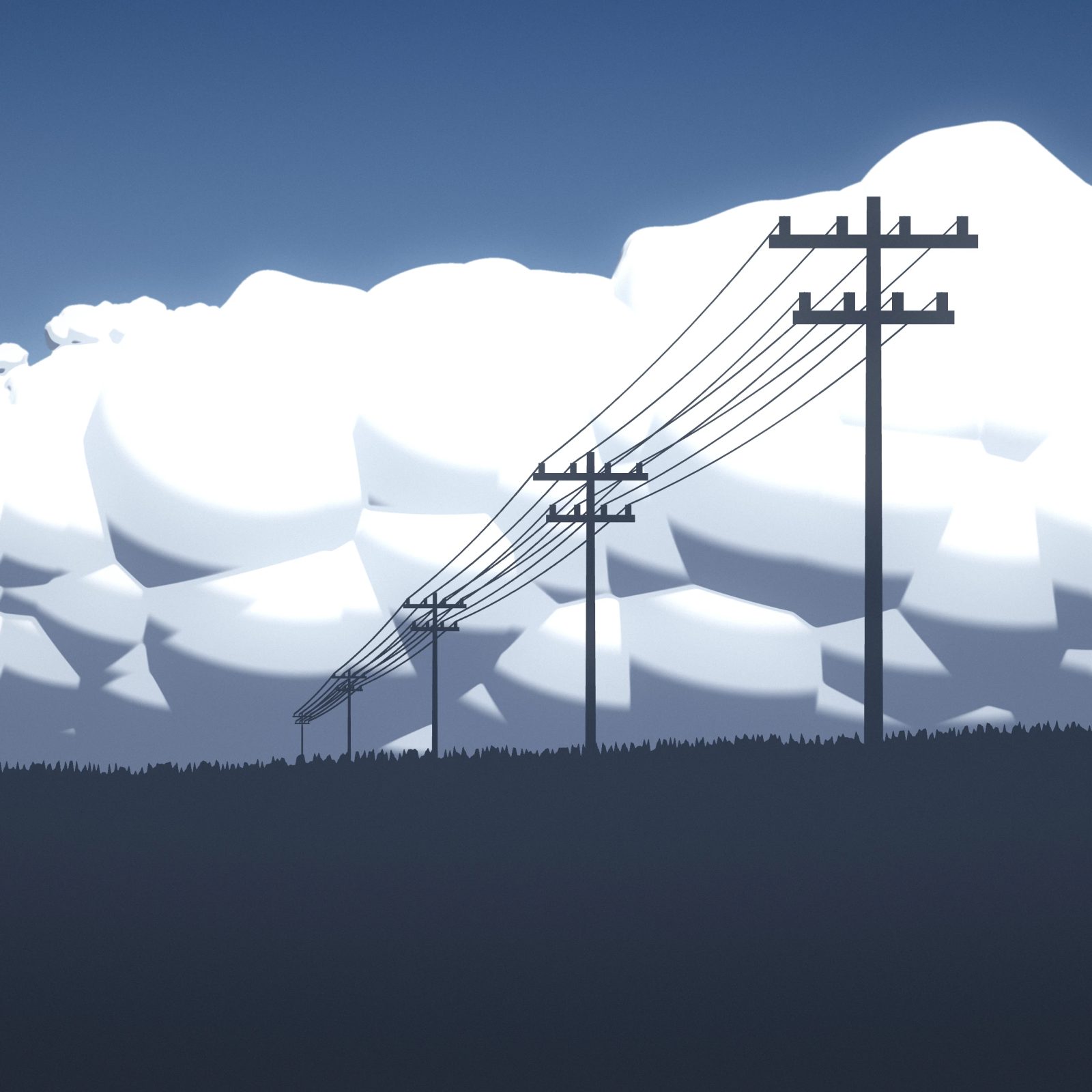 Thunderhead Afternoon: a massive thunderhead cloud towers over a quiet hilltop on a humid afternoon, its shaded base grey-blue above the power lines, iPad wallpaper