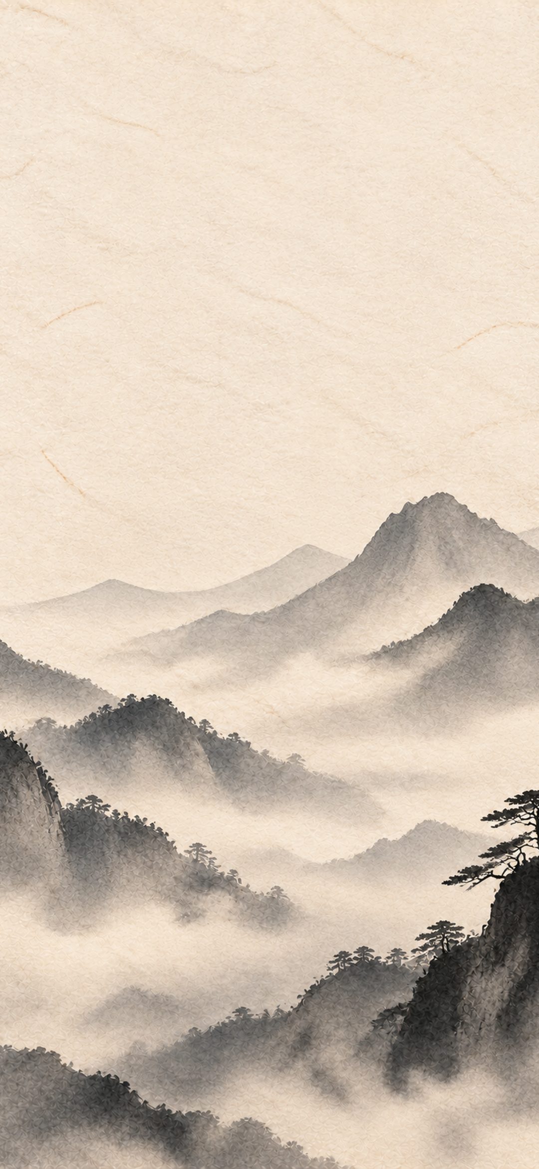 Ink-wash mountains fading into mist on cream paper