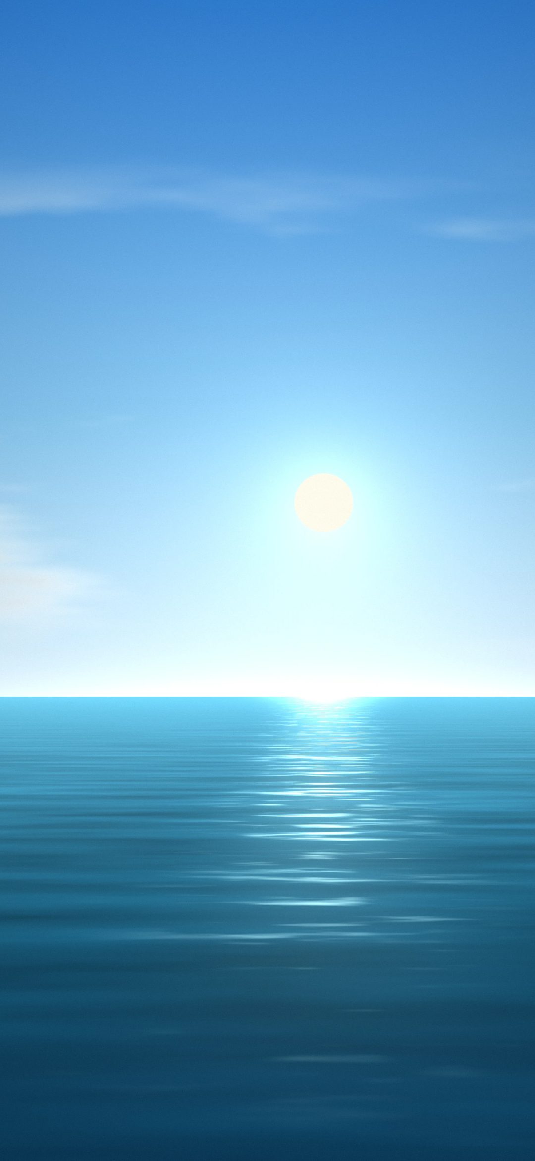 Turquoise Open Sea: bright turquoise water stretches to the horizon under a clear blue sky, with long white clouds and sunlight sparkling on the waves, iPhone wallpaper