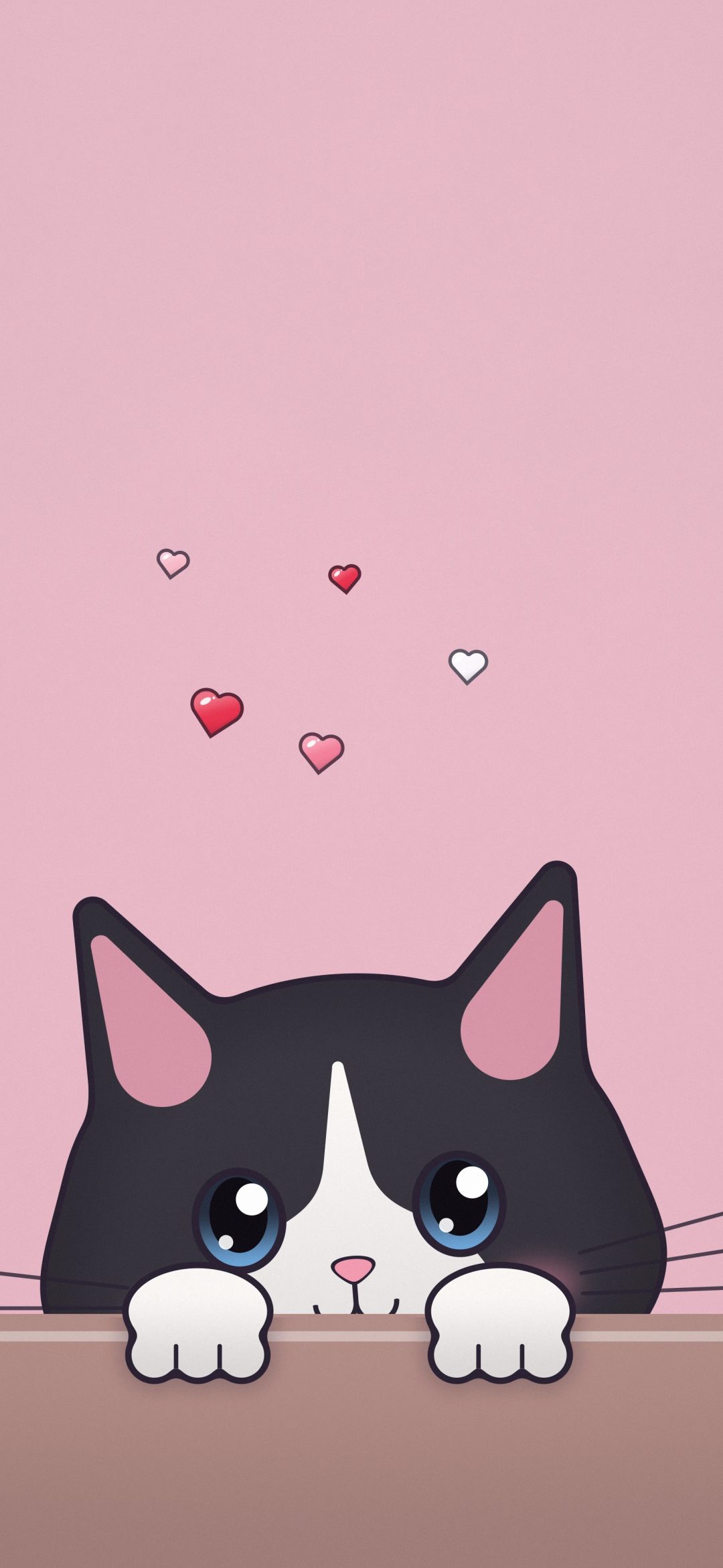 Tuxedo Kitten Peeking: a black and white tuxedo kitten with blue eyes peeks over a ledge under little red and white hearts on dusty pink, iPhone wallpaper