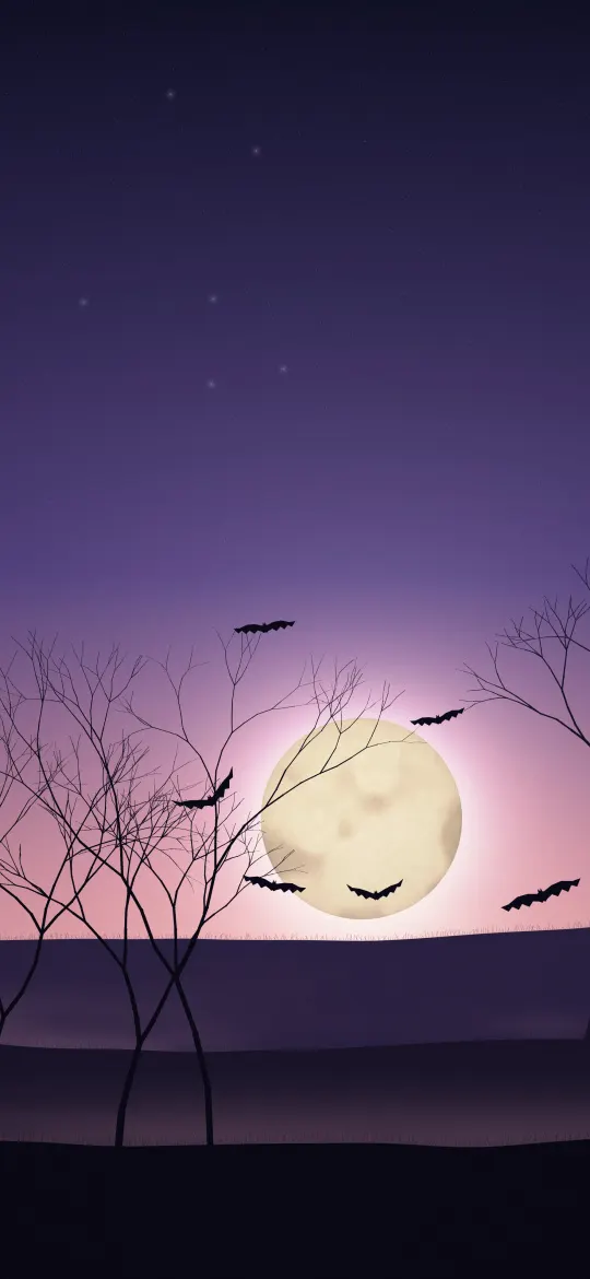 Twilight Bare Hills: soft pink twilight fades into deep blue above layered hills dotted with bare trees, a pale moon low on the horizon and bats overhead, iPhone wallpaper
