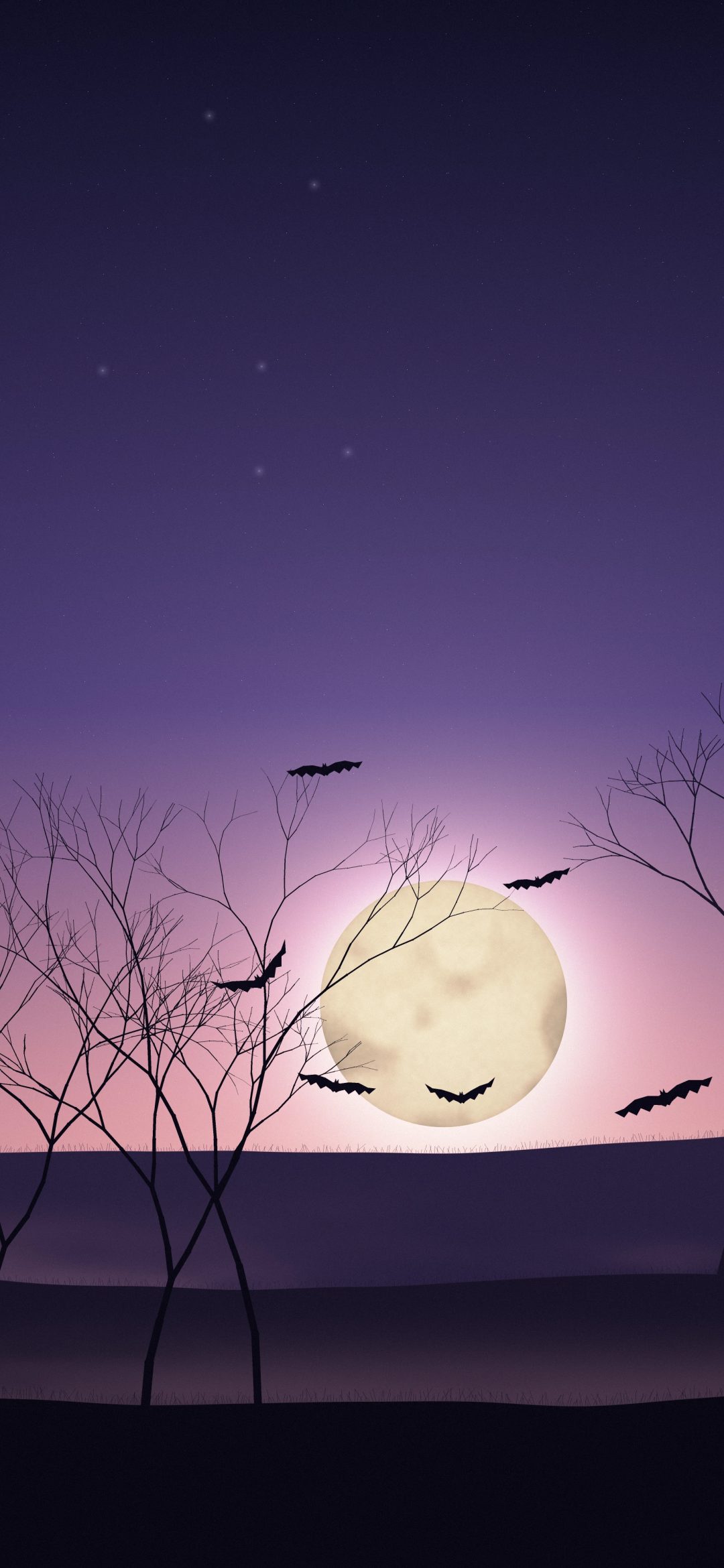 Twilight Bare Hills: soft pink twilight fades into deep blue above layered hills dotted with bare trees, a pale moon low on the horizon and bats overhead, iPhone wallpaper