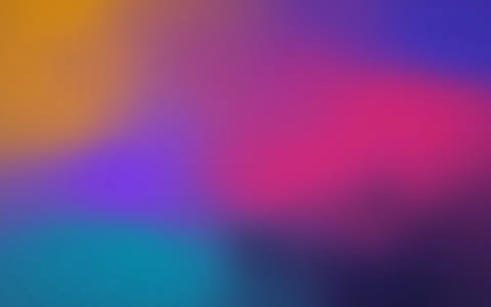 Twilight Ember Gradient: indigo, violet, magenta and amber blend into each other in a rich, glowing mesh gradient with a fine film grain, Mac wallpaper