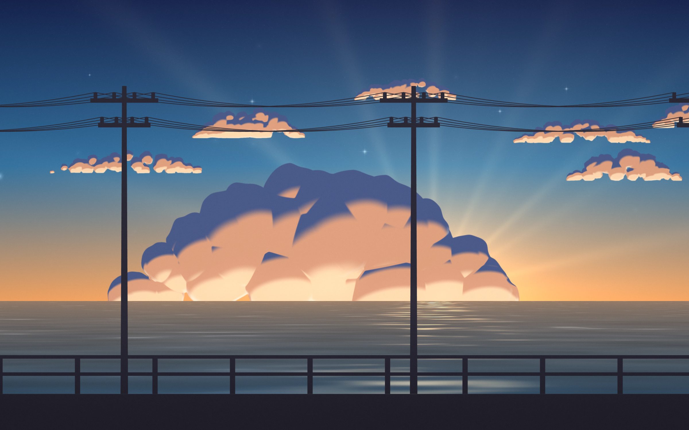 Twilight Seawall: twilight settles over a calm sea as the sun slips below the horizon, power poles lining a seawall against an orange and teal sky, Mac wallpaper