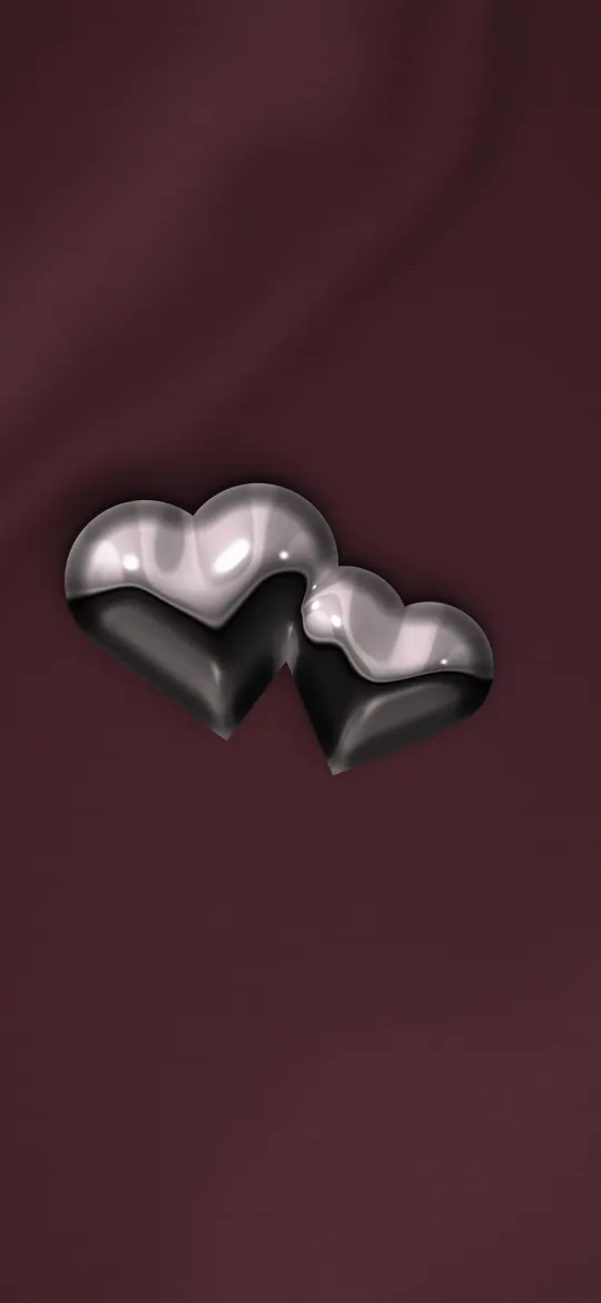 Twin Chrome Hearts: two overlapping polished chrome hearts float on draped wine-red satin, iPhone wallpaper