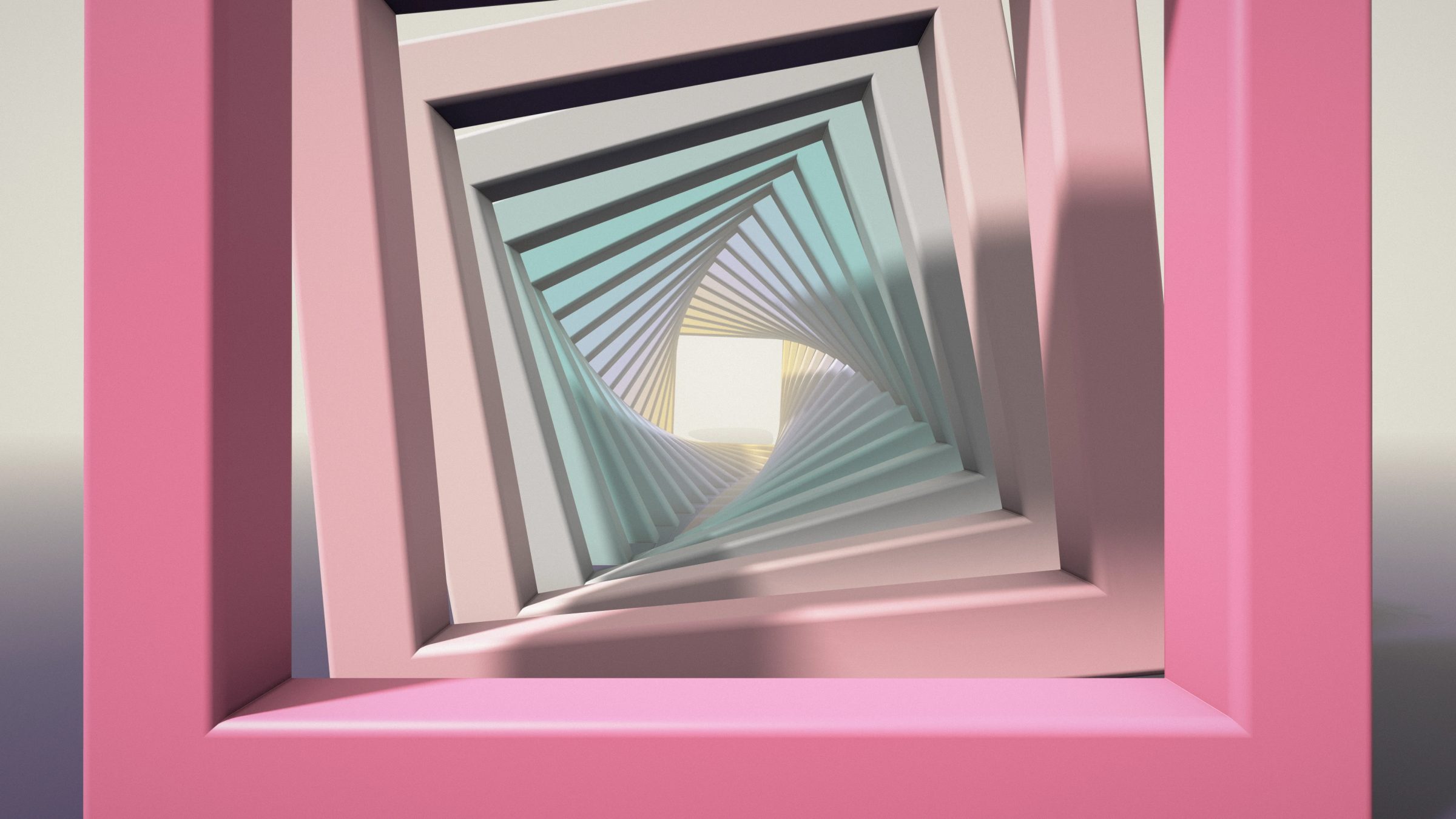 Twisting Square Passage: square frames in pink, blush, aqua and periwinkle turn a little more at each step, spiralling into a soft cream light, PC wallpaper