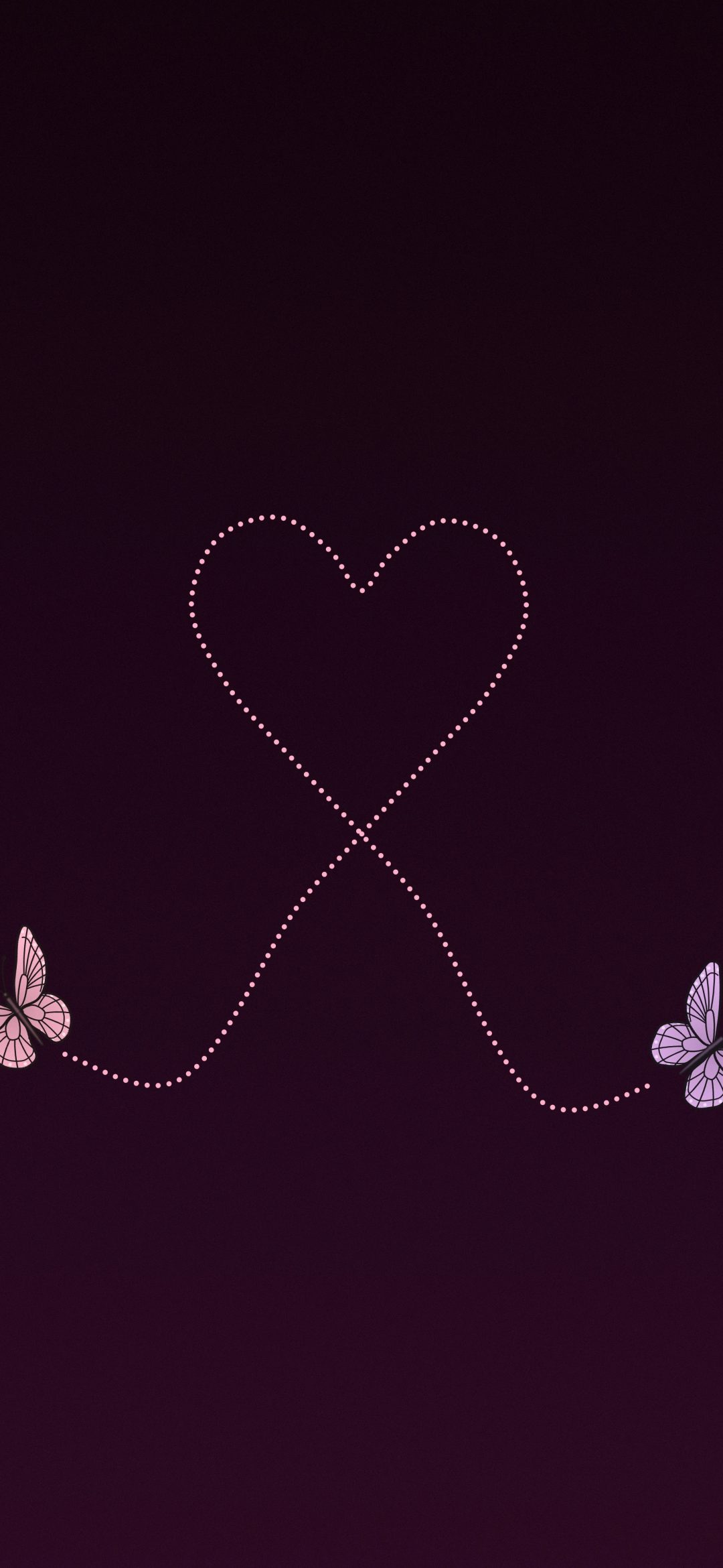 Two Butterflies, One Heart: two small butterflies on plum are joined by a single dotted trail that forms a heart between them, iPhone wallpaper